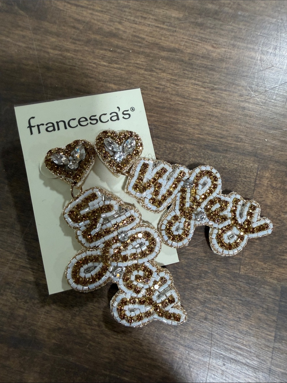 Francesca's Collections Gold and White 'Wifey' Beaded Drop Earrings